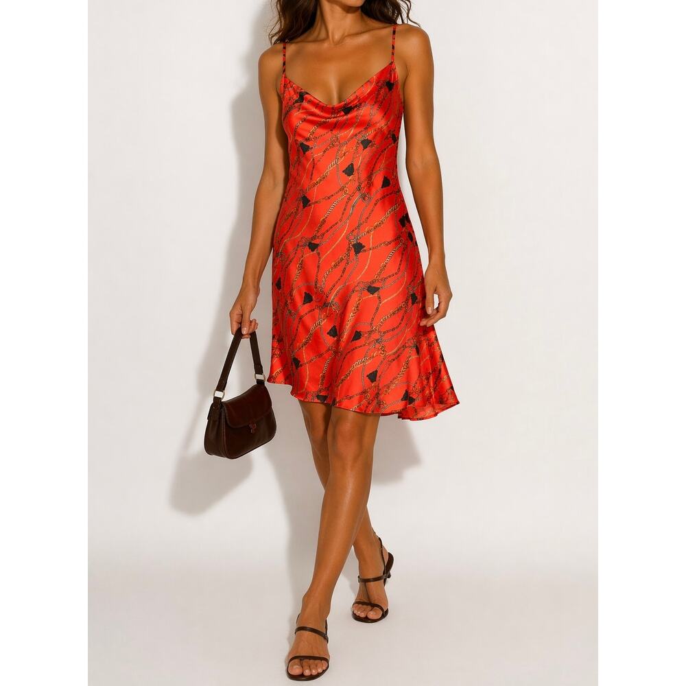 GUESS Equestrian Chain Print Satin Slip Dress 90's Style Old Money Preppy Midi